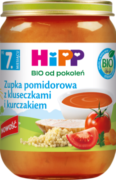 HiPP BIO zupka pomidorowa z kluseczkami i kurczakiem, po 7. miesiącu, w pomarańczowym słoiczku, przód.