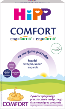 Białe pudełko HiPP Comfort, specjalna żywność dla niemowląt na kolki, wzdęcia, zaparcia, widok z przodu.