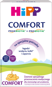 HiPP Comfort PRAEBIOTIK+PROBIOTIK, mleko modyfikowane na kolki i zaparcia, białe opakowanie, widok z przodu.