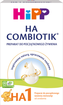 Białe opakowanie HiPP HA COMBIOTIK, preparatu do żywienia niemowląt od urodzenia, z mleczną kroplą na froncie.