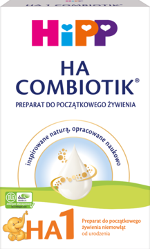 Białe opakowanie HiPP HA COMBIOTIK mleka dla niemowląt, z dużym pomarańczowym napisem HA 1, widok z przodu.