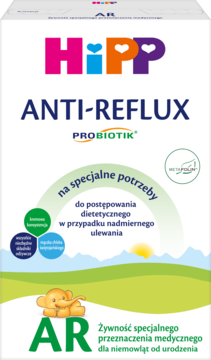 Białe opakowanie HiPP AR ANTI-REFLUX PROBIOTIK, żywność medyczna dla niemowląt na ulewania, widok z przodu.