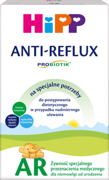 HiPP AR Anti-Reflux Probiotik, białe pudełko z zielono-niebieską grafiką, mleko dla niemowląt, przód.