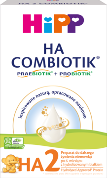 HiPP HA COMBIOTIK 2 mleko, hydrolizowane białko, białe pudełko, zielone logo, kropla mleka, widok z przodu.
