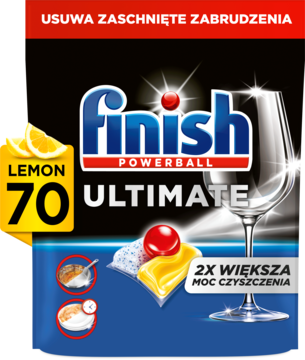 Finish Ultimate Lemon 70 kapsułek do zmywarki, opakowanie z błyszczącym szkłem i cytryną, widok z przodu.