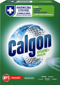 Zielone opakowanie proszku Calgon Hygiene+ do czyszczenia pralek, z logo i podkreśleniem higienicznej czystości.