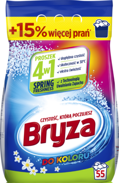Bryza Color 4w1 proszek do prania Spring Freshness, 55 prań, niebieskie opakowanie, widok z przodu.