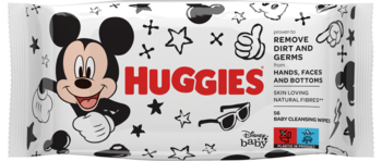 Chusteczki nawilżane Huggies Disney Baby, białe opakowanie z Myszką Miki, 56 szt., widok z przodu.