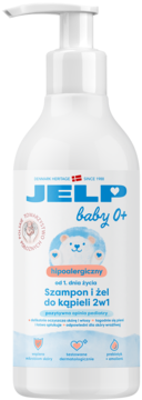 JELP Baby 0+ hipoalergiczny szampon i żel 2w1, biała butelka z pompką, widok z przodu, miś.