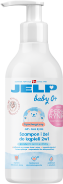 Biała butelka JELP Baby 0+ hipoalergiczny szampon i żel 2w1 z pompką, dla niemowląt od 1. dnia życia, przód.