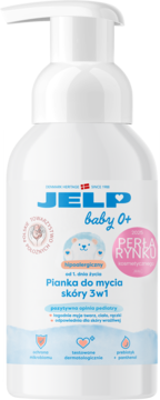 JELP Baby 0+ hipoalergiczna pianka do mycia skóry 3w1, biała butelka z pompką, z nagrodą Perła Rynku.