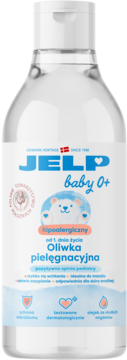 Jelp Baby 0+ hipoalergiczna oliwka pielęgnacyjna w przezroczystej butelce z niebieską etykietą i jeżem, widok z przodu.