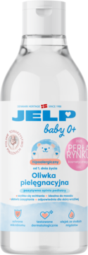 Jelp Baby 0+ oliwka pielęgnacyjna, hipoalergiczna, w przezroczystej butelce z białym korkiem, widok z przodu.