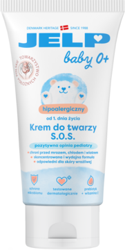 Biała tubka JELP baby 0+ hipoalergiczny Krem S.O.S. do twarzy dla niemowląt, z misiem, widok z przodu.