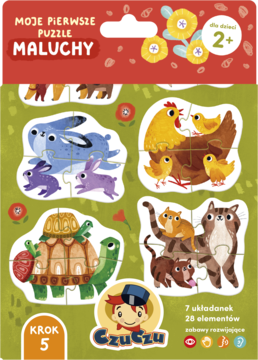Puzzle Czuczu Maluchy dla 2+ z 7 układankami zwierzętami: królik, kura, żółw, kot. Widok z przodu.