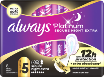 Always Platinum Secure Night Extra, rozmiar 5, fioletowe podpaski z 12h ochroną, ultra miękkie, widok z przodu.