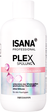 Biała odżywka ISANA Professional PLEX, przód butelki, z Kerarice, wspiera odbudowę osłabionych włosów.