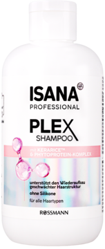 Biały szampon ISANA Professional PLEX, front, Kerarice i fitoproteiny, odbudowa osłabionych włosów.