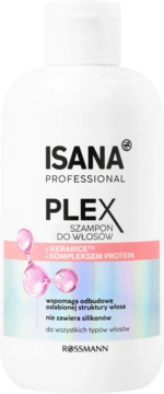 Biała butelka ISANA Professional PLEX szamponu do włosów, z różową grafiką Kerarice i proteinami, widok z przodu.