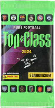 Zielona saszetka Panini TOP CLASS 2024 z kartami piłkarskimi, widok z przodu, z napisem Top Class, grafiką piłkarza i logami klubów.
