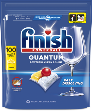Niebieskie opakowanie Finish Quantum All in 1 Lemon, 100 kapsułek, z widocznym kieliszkiem i czerwoną kulką.