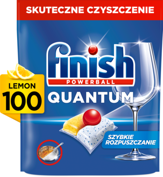 Niebieskie opakowanie Finish Quantum Powerball Lemon 100 kapsułek do zmywarki, z kieliszkiem, widok z przodu.