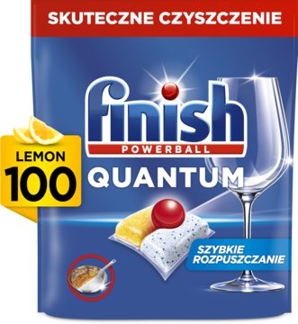 Finish Powerball Quantum kapsułki do zmywarki cytrynowe, 100 sztuk, niebieskie opakowanie, lśniące szkło.