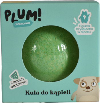Zielona kula do kąpieli Plum! Czyściochowo arbuzowa z figurką, widoczna przez otwór w miętowym pudełku.