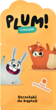 Pomarańczowa saszetka Plum! Czyściochowo Strzelaki do kąpieli z uśmiechniętym szarym królikiem i rudym lisem.