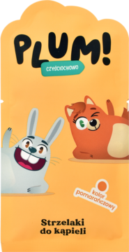 Pomarańczowa saszetka Plum! Czyściochowo Strzelaki do kąpieli z uśmiechniętym szarym królikiem i rudym lisem.