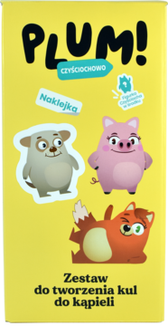 Żółte opakowanie Plum! Czyściochowo, zestaw do tworzenia kul do kąpieli, z naklejkami zwierząt.