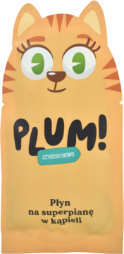 Pomarańczowa saszetka PLUM! Czyściochowo, płyn do superpianowej kąpieli, z przodu rysunek uśmiechniętej kotki.