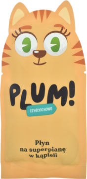 Pomarańczowa saszetka PLUM! Czyściochowo, płyn do superpianowej kąpieli, z przodu rysunek uśmiechniętej kotki.