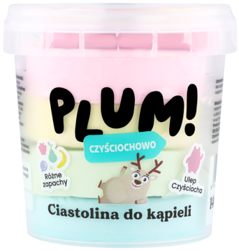 Plum! Czyściochowo ciastolina do kąpieli w 4 kolorach i zapachach, przezroczyste wiaderko, widok z przodu.