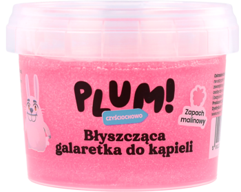 Różowa, brokatowa galaretka do kąpieli Plum! o zapachu malinowym w kubku z króliczkiem, przód.