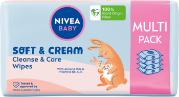 NIVEA BABY Chusteczki nawilżane Soft & Cream z migdałami. Wielopak, biało-niebieskie opakowanie z królikami, widok z przodu.