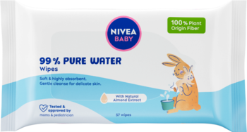 NIVEA BABY 99% Pure Water Wipes, biało-niebieskie opakowanie z królikiem, 100% włókien roślinnych.