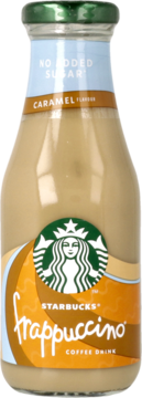 Butelka Starbucks Frappuccino Caramel Coffee Drink bez cukru, z zieloną nakrętką i brązowo-błękitną etykietą, widok z przodu.