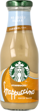 Butelka Starbucks Frappuccino Caramel Coffee Drink bez cukru, z zieloną nakrętką i brązowo-błękitną etykietą, widok z przodu.