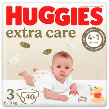 Huggies Extra Care pieluchy 6-10 kg, rozmiar 3, opakowanie 40 sztuk z bobasem i 4 w 1 skin care.