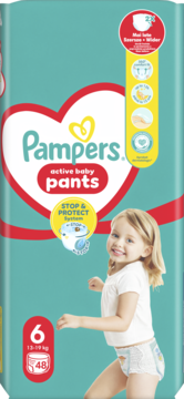Pieluchomajtki Pampers Active Baby Pants rozmiar 6 (13-19kg), turkusowe opakowanie z uśmiechniętym dzieckiem.