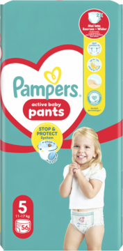 Pieluchomajtki Pampers Active Baby Pants, rozmiar 5 (11-17 kg), 56 szt., z systemem Stop & Protect, przód opakowania, z dzieckiem.