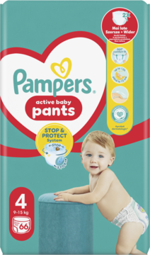 Zielono-niebieskie pieluchomajtki Pampers Active Baby Pants, rozm. 4, 66 szt., z systemem Stop & Protect i dzieckiem.