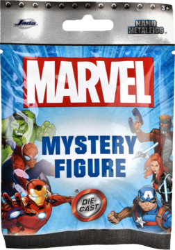 Zapieczętowana saszetka Marvel Nano Metallics Mystery Figure die-cast z wizerunkami bohaterów, widok z przodu.