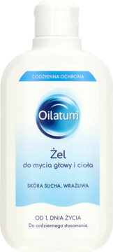 Biała butelka żelu Oilatum do mycia głowy i ciała dla skóry suchej i wrażliwej, od 1. dnia życia, widok z przodu.