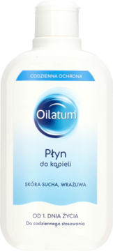 Oilatum Płyn do kąpieli w białej butelce z niebieską etykietą, do suchej i wrażliwej skóry, widok z przodu.