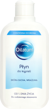 Oilatum Płyn do kąpieli w białej butelce z niebieską etykietą, do suchej i wrażliwej skóry, widok z przodu.