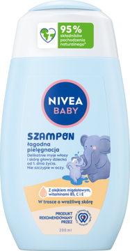 NIVEA BABY Szampon łagodna pielęgnacja 200ml, jasnoniebieska butelka z grafiką słoni, widok z przodu.