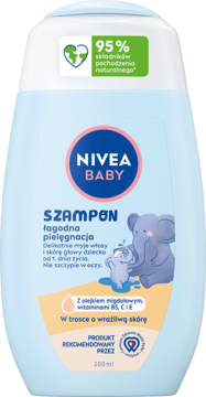 NIVEA BABY Szampon łagodna pielęgnacja 200ml, jasnoniebieska butelka z grafiką słoni, widok z przodu.