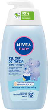 NIVEA BABY żel 2w1 do mycia ciała i włosów do wrażliwej skóry, błękitna butelka z pompką, widok z przodu.